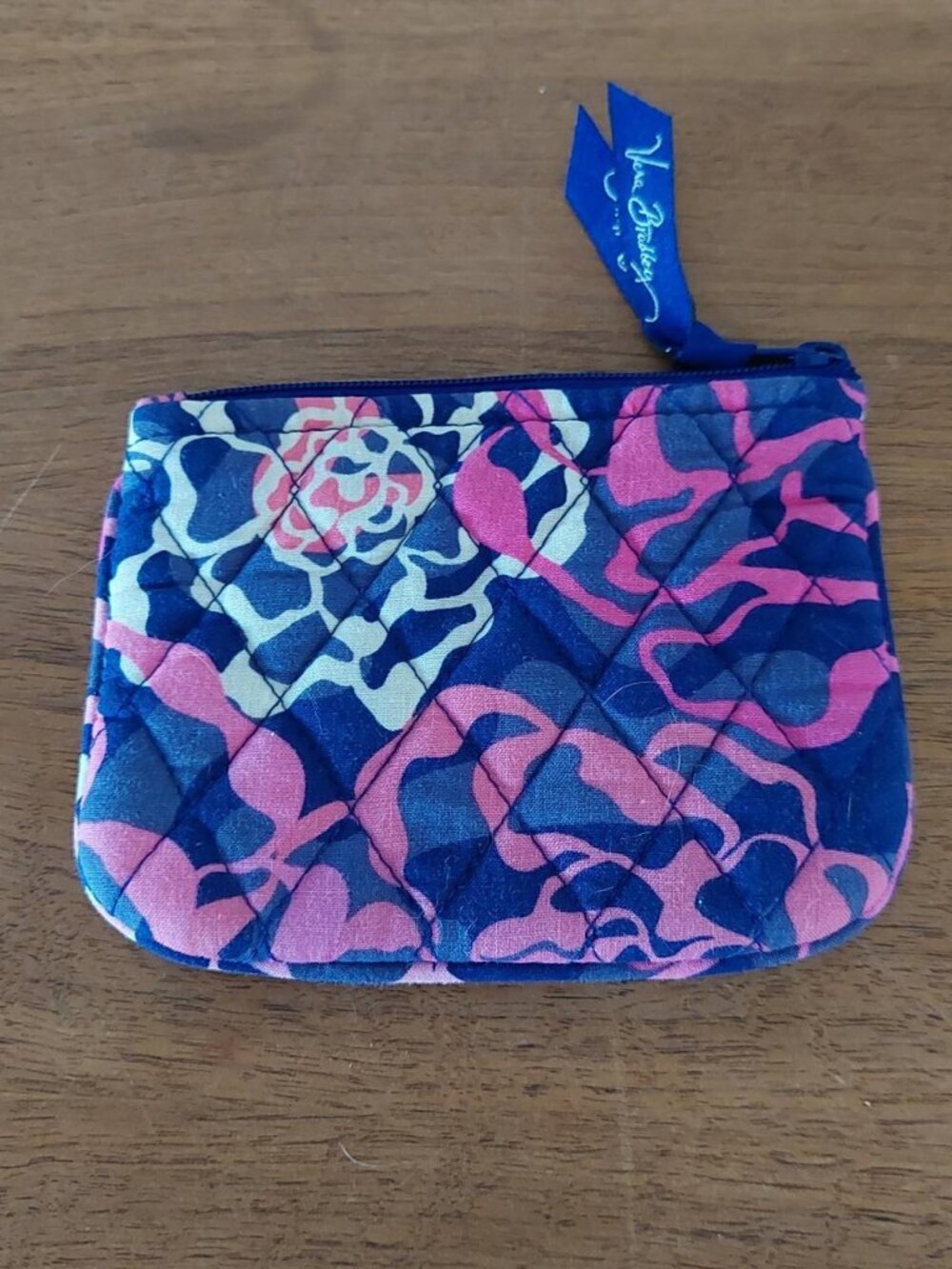 Vera Bradley Quilted Cotton Coin Purse Zip Pouch Wallet Navy Pink Floral Ribbons
